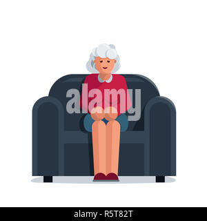 cartoon cute smiling Granny woman sits in a Chair and knits knitting ...