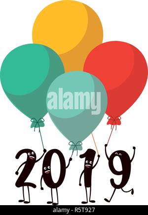 cartoon 2019 numbers holding balloons over white background, vector illustration Stock Vector