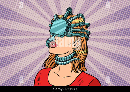 woman in a virtual reality, dangerous parasite helmet Stock Photo