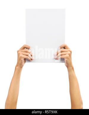 Hand holding white blank card Stock Photo