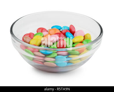Multicolor candies in glass bowl isolated on white background Stock Photo