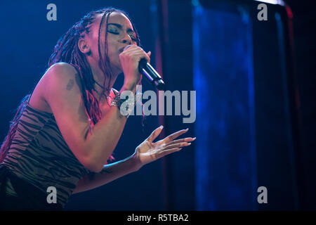 Vancouver, Canada. 20th Nov, 2018. American singer Ravyn Lenae performs at the Orpheum Theatre in Vancouver, Canada. Credit: Jamie Taylor/Alamy Live N Stock Photo