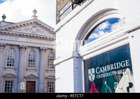 Cambridge, England: Cambridge University Press bookshop shop window exterior in Cambridge city centre with Senate House in the background Stock Photo