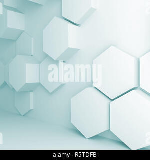 Abstract interior background with extruded hexagons pattern on wall, 3d ...