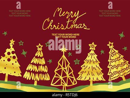 Background design for Christmas in simple flat hand drawn graphic. Golden Christmas tree with stars are on red background with space for text. Stock Vector