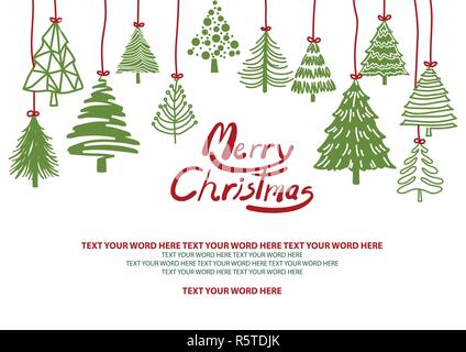 Background design for Christmas in simple flat flat hand drawn graphic. Green graphic  Christmas trees hang from top with red rope on the white backgr Stock Vector