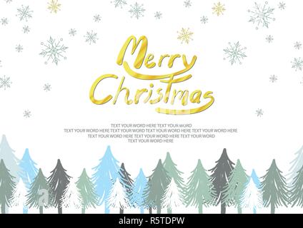 Background design for Christmas in simple flat hand drawn graphic. Blue and white Christmas trees and snowflakes are on the white background with spac Stock Vector