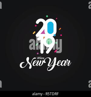 Creative Colorful Happy New Year 2019 design card on black background. Vector illustration. Stock Vector