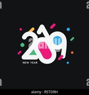 Creative Colorful Happy New Year 2019 design logo on black background. Vector illustration. Stock Vector