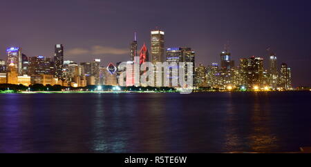 Chicago, Illinois - USA - July 1, 2018: Chicago Skyline Reflected on the Lake at Night Stock Photo