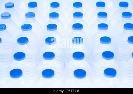 Overhead view on rows of mineral water plastic bottle Stock Photo