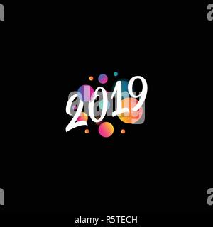 2019 Happy New Year vector banner. Colorful falling circles. Greeting card cover. Web banner with white text on black background. Vector illustration. Stock Vector
