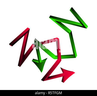 Red and green chart arrows crossed 3D render illustration isolated on ...