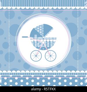 Baby boy stroller on polka dot, stripes and ribbons frame and blue circles background Stock Vector