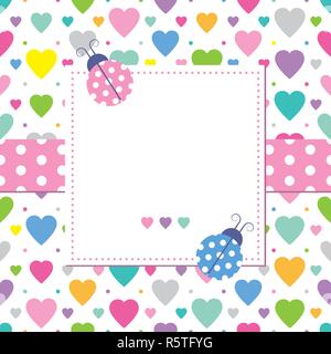Pink and blue ladybugs on white label, with polka dot ribbon and colorful hearts pattern background Stock Vector