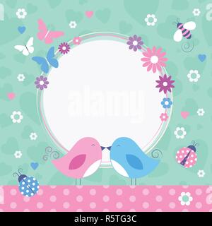 Flowery love birds border with bumble bee, ladybugs and butterflies on green and pink heart shape and polka dot pattern background
