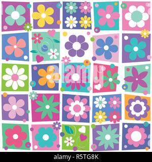 cute flowers hearts and dots illustration set on colorful rectangular and white background Stock Vector