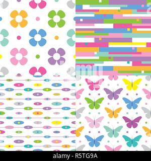 Pink, blue, purple, green, yellow and white flowers, stripes, dots and butterflies pattern set Stock Vector