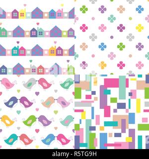 Pink, blue, purple, green, yellow and white houses, flowers, love birds and abstract pattern set Stock Vector