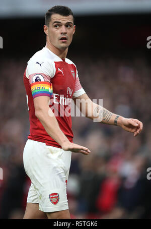 Arsenal's Granit Xhaka wears a rainbow armband during the Premier League match at Emirates Stadium, London. Stock Photo