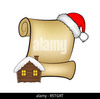 Winter Scroll Picture Example Christmas paper scroll card with snowy cabin. Vector illustration ...