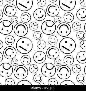 A lot of different black outline emoticons, seamless pattern on white Stock Vector