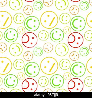 A lot of different colorful outline emoticons, seamless pattern on white Stock Vector