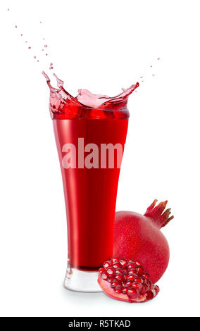 glass of pomegranate juice with splashes isolated on white background Stock Photo