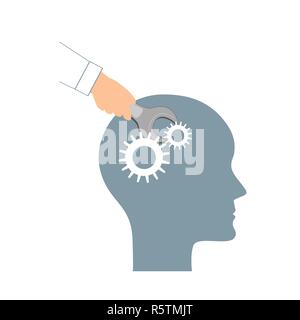 NLP or Neuro-Linguistic Programming concept. Open Human Head and a Hand with a Wrench. Manipulation, Mental health, personal development, and psychotherapy icon Stock Vector