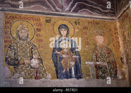 Mosaic of the 'Virgin Mary with Emperor John II Comnenus and Empress Irene' inside the wonderful Haghia Sophia, Sultanahmet, Istanbul, Turkey, Europe. Stock Photo