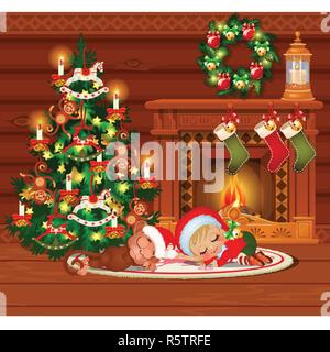 Inside the old cozy wooden village house. Home furnishings. Sketch of Christmas festive poster, party invitation, other holiday card. Little boy and monkey sleep. Vector cartoon close-up illustration. Stock Vector