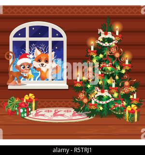 Inside the old cozy wooden village house. Home furnishings. Christmas tree with gift boxes. Sketch of festive poster, party invitation, other holiday card. Vector cartoon close-up illustration. Stock Vector