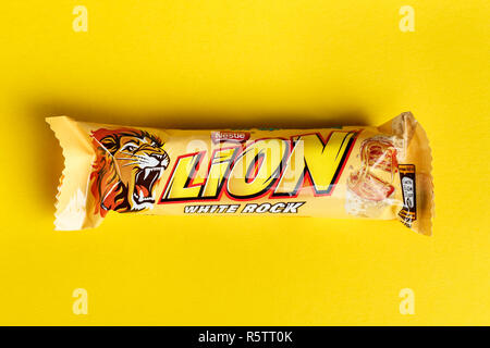 Ukraine, Kiev March 29, 2018. Lion bar isolated on white. Lion is a chocolate bar confection that is manufactured by Nestle Stock Photo