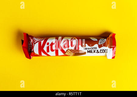 Ukraine, Kiev March 29, 2018.Kit Kat chocolate bar on white background. Bars Kit Kat is produced by Nestle company. Stock Photo