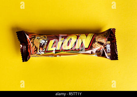 Ukraine, Kiev March 29, 2018. Lion bar isolated on white. Lion is a chocolate bar confection that is manufactured by Nestle Stock Photo