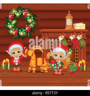 Inside the old cozy wooden village house. Home furnishing. Boy and girl Santa Claus helpers and straw sheep. Sketch of Christmas festive poster, party invitation, holiday card. Vector cartoon. Stock Vector