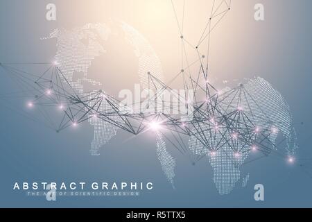 Big data visualization with a world globe. Abstract vector background with dynamic waves. Global network connection. Technological sense abstract illustration Stock Vector