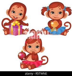 Set of cute children monkey playing with Christmas gifts isolated on a white background. Sketch of Christmas festive poster, party invitation, other holiday card. Vector cartoon close-up illustration. Stock Vector