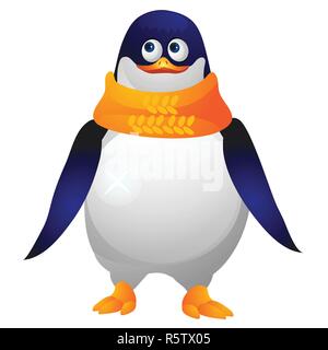 Cute paunchy penguin in a yellow knitted scarf isolated on a white background. Sketch of Christmas festive poster, party invitation, other holiday card. Vector cartoon close-up illustration. Stock Vector