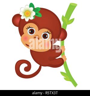 Cute little monkey on a stalk of bamboo isolated on a white background. Exotic animals. Sketch of festive poster, party invitation, other card. Vector cartoon close-up illustration. Stock Vector