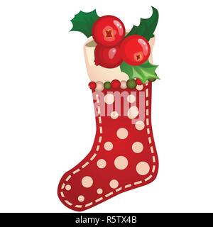 Hanging colored sock textured polka dot with berry of holly, ilex isolated on white background. Sketch of Christmas festive poster, party invitation, holiday card. Vector cartoon close-up illustration Stock Vector