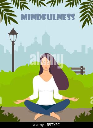 Young woman making meditation in lotus pose with closed eyes