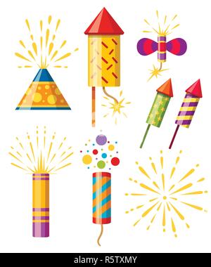 Collection of firecracker. Pyrotechnic colorful icon set. Firework for New Year celebration. Flat vector illustration isolated on white background. Stock Vector