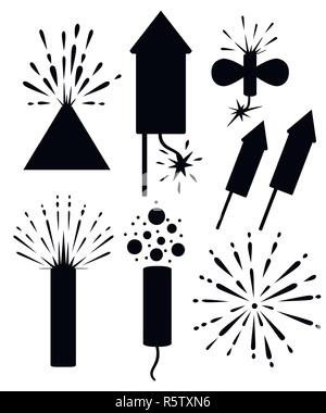 Black silhouette. Collection of firecracker. Pyrotechnic icon set. Firework for New Year celebration. Flat vector illustration isolated on white backg Stock Vector