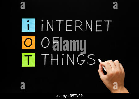 Hand writing IOT - Internet Of Things with white chalk on blackboard. Stock Photo