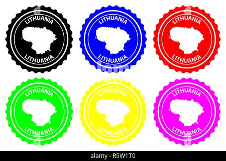 Lithuania - rubber stamp - vector, Lithuania map pattern - sticker - black, blue, green, yellow, purple and red Stock Vector