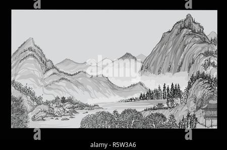 Chinese landscape with mountain and clouds in the style of old chinese painting - vector illustration Stock Vector