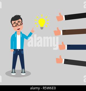 Young geek finger pointing at the idea symbol while businessmen show thumbs up sign. Positive feedback concept Stock Vector