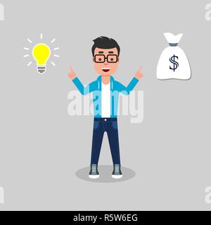 Young geek finger pointing at the idea symbol and at the money bag. The concept of selling an idea Stock Vector