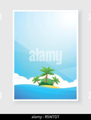 Tropical beach poster with copy space. Vector illustration with island with palms in sea at sunny day. Design template for banner, flyer, invitation. Stock Vector